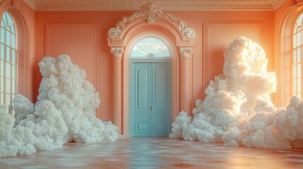 A serene interior scene with pastel colors and fluffy clouds creating a dreamlike atmosphere.