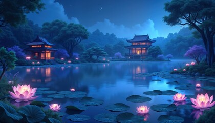 Peaceful night scene at serene lake. Traditional Asian architecture. Pink lotus flowers light up water. Calm blue water reflects sky. Rich trees surround lake. Tranquil, meditative ambiance. Ideal