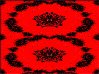 A striking red and black symmetrical pattern features intricate, mandala-like designs at the center. The bold contrast between the colors creates a dynamic and mesmerizing visual effect.