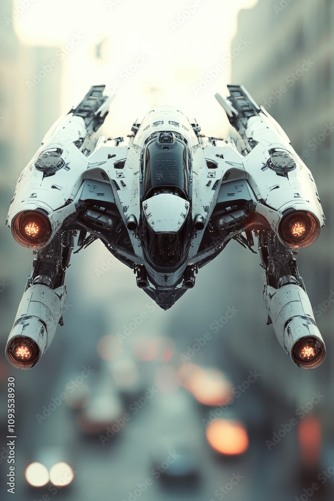 Poster a futuristic spaceship soaring above a metropolitan area, with towering skyscrapers and bustling str