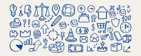 Chalk hand drawn business shapes in doodle line art grunge style. Dry brush sketch texture. Concept of marketing, finance, success. Vector ink crayon illustration.