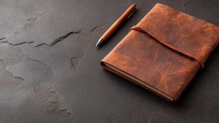 A classic leather notebook accompanied by a sleek pen, set against a textured rustic background, evokes a sense of nostalgia and elegant simplicity in writing.