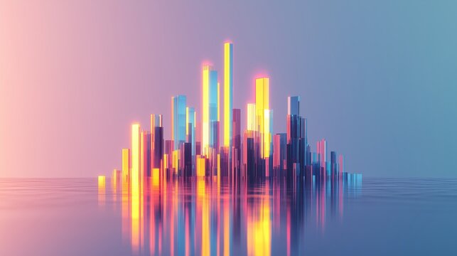 Sleek and modern abstract background with a minimalist cityscape made of glass, featuring vertical bar charts rising against a gradient blue sky