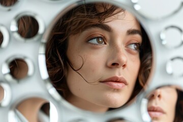 A woman admires her reflection in a mirror, compact and straightforward description