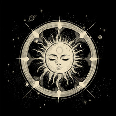 Vector illustration set of moon phases. Different stages of moonlight activity in vintage engraving style. Zodiac Signs	