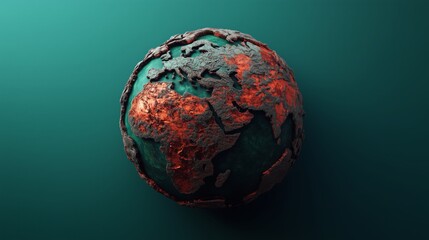 3d rendering smooth matt of the earth makes by metal, smooth surface, with the sea is engraved and fill red paint, the continent is engraved green paint, Australia main