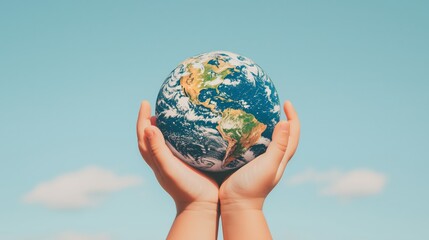 child's hands cradling Earth with clear sky background, emphasizing ecology and peace for future generations