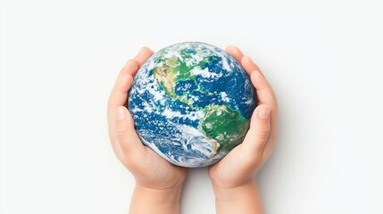 child's hands cradling Earth with clear sky background, emphasizing ecology and peace for future generations