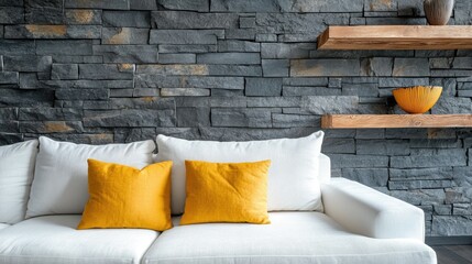 Naklejka premium Modern Living Room with Stone Wall