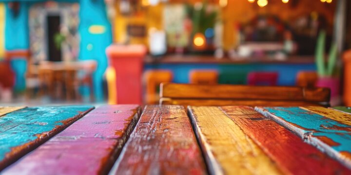 A wooden table set in a vibrant restaurant with colorful decor and lively atmosphere