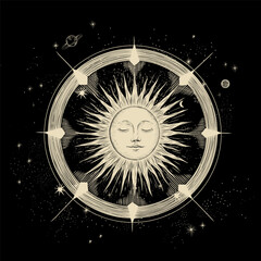 Vector illustration set of moon phases. Different stages of moonlight activity in vintage engraving style. Zodiac Signs	