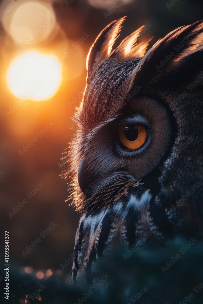 Poster a close-up view of an owl's face with the sun shining in the background, ideal for use in wildlife o