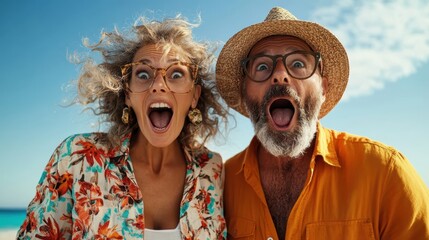 An enthusiastic couple wearing colorful beach shirts and hats, expressing surprise while standing on the beach with the ocean in the background.