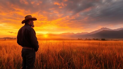 In this striking image, a cowboy is silhouetted against a majestic sunset, symbolizing introspection, connection to the land, and rustic simplicity.