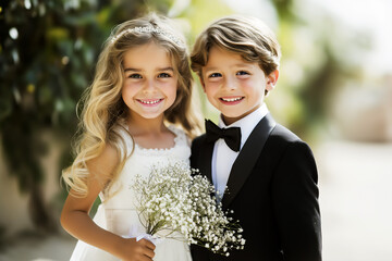 Adorable flower girl and ring bearer after  wedding ceremony