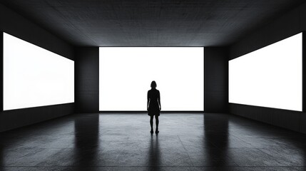 Obraz premium Woman Silhouetted Against Bright White Screens In Dark Room