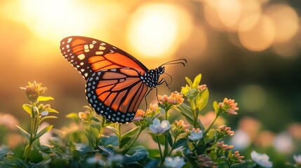 Obraz premium A monarch butterfly perched on a flower with a sunset in the background.