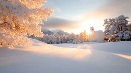 A peaceful winter landscape showcases a charming chapel nestled among snowy trees, with the soft glow of the rising sun casting a warm glow over the scene.