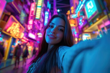 Fototapeta premium A woman takes a selfie against the bright lights of a city at night