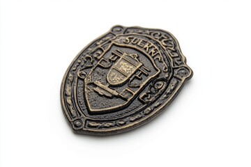 A detailed bronze badge showcases intricate designs and symbolic elements. The badge represents authority and heritage. Perfect for historical themes. Generative AI