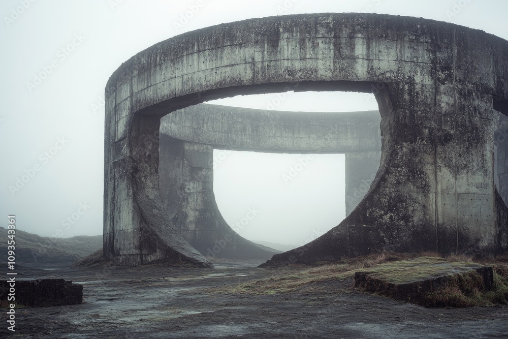 Poster a concrete structure surrounded by fog on a misty day