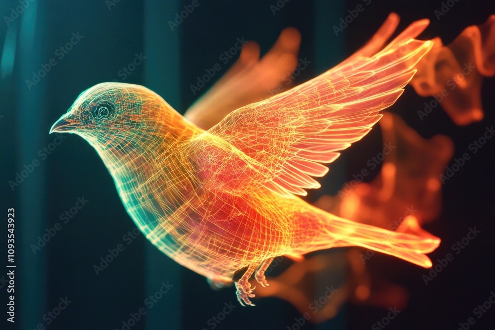 Poster a colorful bird is seen flying through the air with vibrant colors and feathers visible