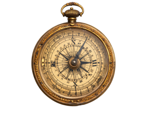 a gold compass with a black and white dial