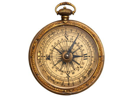 a gold compass with a black and white dial