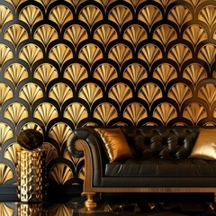 Obraz premium Art Deco wallpaper featuring a refined golden interior pattern with a sofa