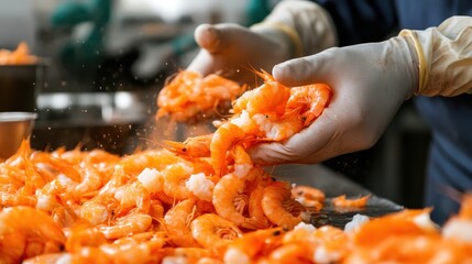 A chef with gloves expertly handles freshly cooked shrimp in a busy kitchen setting, demonstrating skill and expertise in seafood cooking preparations.