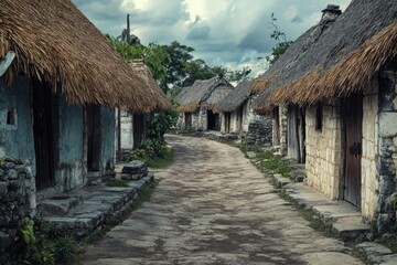 A dirt road with traditional thatched roofs and stone steps, suitable for rural or village settings