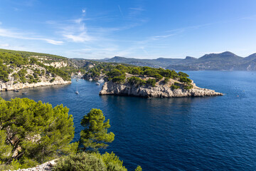 White cliffs above the azure coast on a sunny day, Calanques National Park, Provence, France