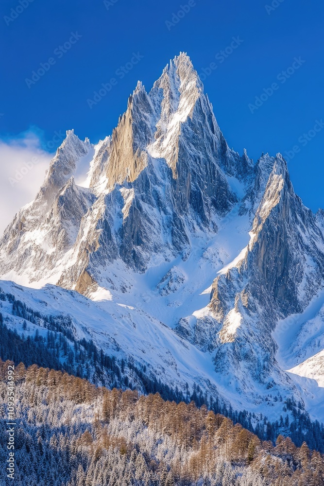 Poster a snowy mountain with trees in the foreground