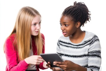 Young girls using tablets, modern technology and learning