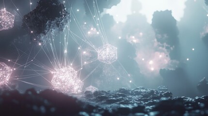 Celestial Network Illuminated Luminous Geometric Forms Over Rocks