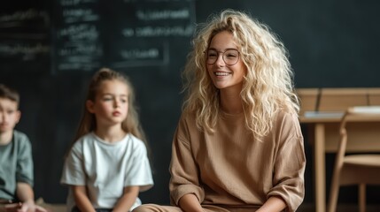 A joyful teacher interacting with children in a classroom. The scene captures a supportive learning atmosphere, reflecting engagement and educational warmth.