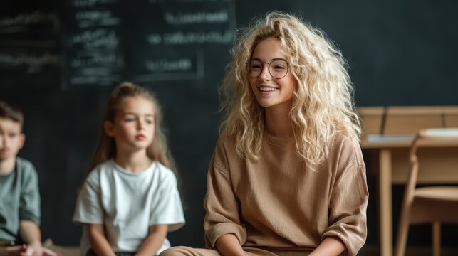 A joyful teacher interacting with children in a classroom. The scene captures a supportive learning atmosphere, reflecting engagement and educational warmth.