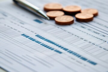 Close-up of coins on financial charts with pen, focusing on data
