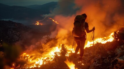 Fototapeta premium Person hiking up a hill with a campfire in the distance, great for outdoor adventure or wilderness scenes