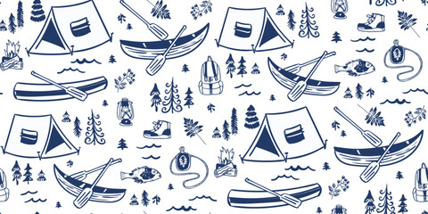 Seamless vector repeating pattern in hiking, camping outdoors theme in navy and white. Tonal lake life, woodland background with tents, canoes and oars, backpacks, trees, fish, hiking boots