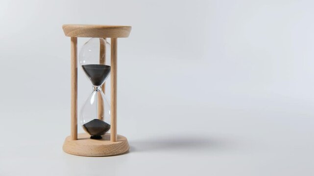 Wooden hourglass with fine sand slipping through its narrow waist by a light background, copy space. Fleeting moments and time management concept