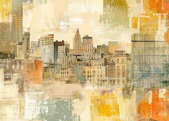 Abstract Urban Cityscape Painting Featuring Vibrant Skyscrapers and Modern Architecture in a Bustling Downtown Metropolis