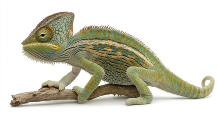 Obraz premium Green chameleon perched on a branch against a white background.