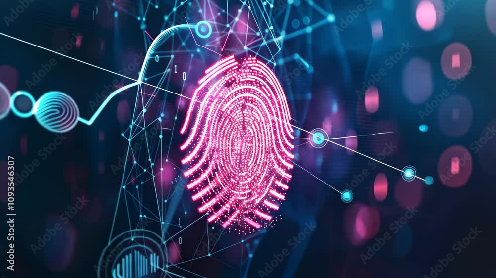 Poster fingertip scanned for biometric authentication with glowing digital fingerprint, visualize the conce