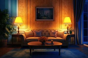 Living room interior with sofa, table and glowing lamps in the evening. 