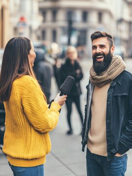 Female reporter conducting street interview with smiling bearded man in urban setting