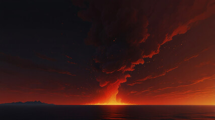 Volcanic Explosion with Fiery Ashes and Smoke