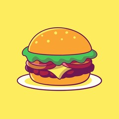 Burger Food Cartoon Icon Illustration Food Object Icon Isolated Flat