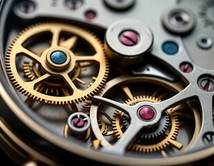Complex watch movement intricate gears, components. Detailed closeup view of clockwork mechanism. Precision engineering. Timepiece inner workings. Golden metal gears. Silver metal support structure.