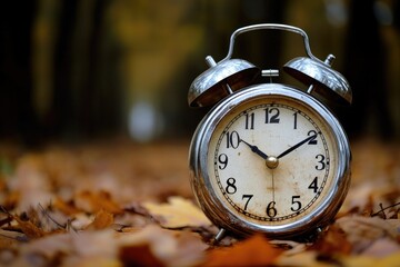 A simple alarm clock sits atop a pile of autumn leaves, perfect for a rustic or outdoorsy-themed setting